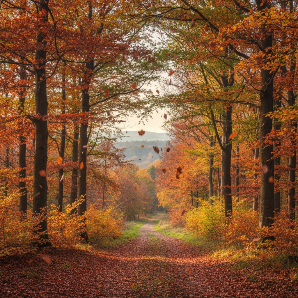 A forest path covered with fallen leaves runs between tall trees with autumn foliage in shades of orange and yellow, under soft daylight.